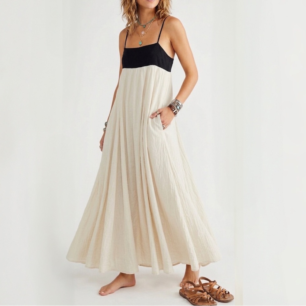 Rare Linen HOUSE OF HARLOW 1960 Clove Ecru Contrast Top Maxi Boho Dress